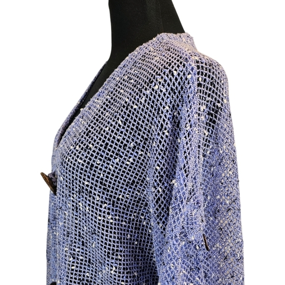 Lulu-B Purple Open Weave Cardigan Size Medium Oversized Wood Buttons Casual - Picture 6 of 12